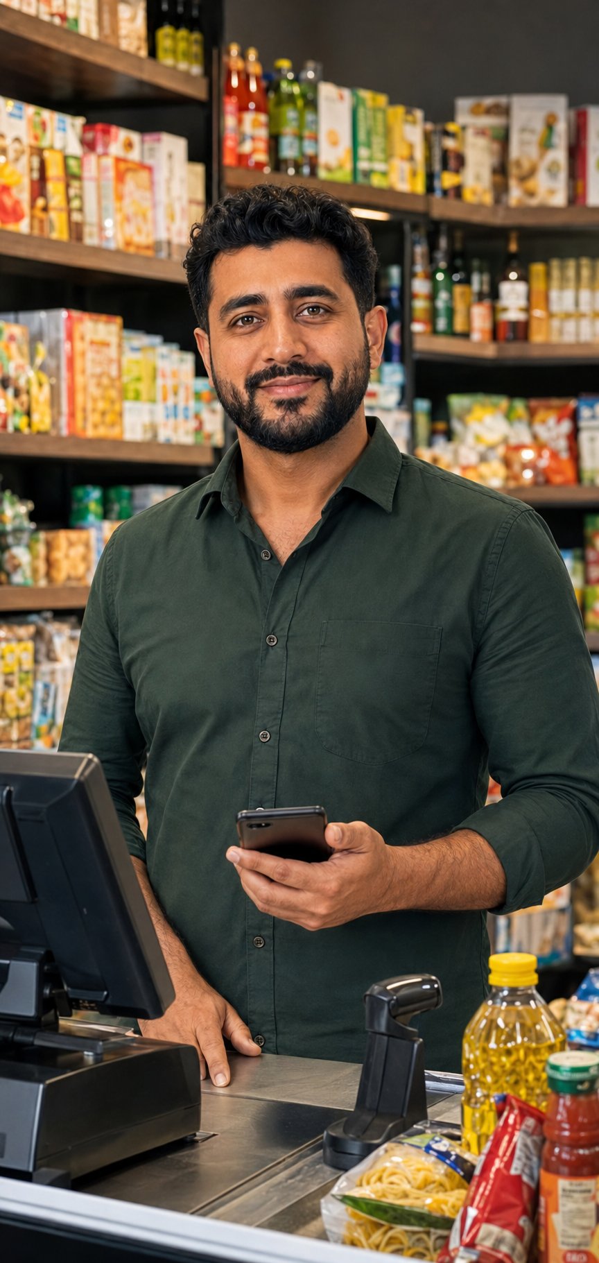 Grocery store owner using SpreadX POS at the checkout counter